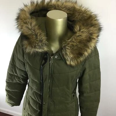 CI.PAES Full Zip Up Green Fur Trimmed Hood Quilted Parka Jacket Women's Size L - Image 1 of 4
