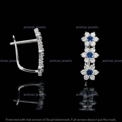 1 Ct Simulated Blue Sapphire Leverback Flower Hoop Earrings 925 Sterling Silver - image 1 of 3