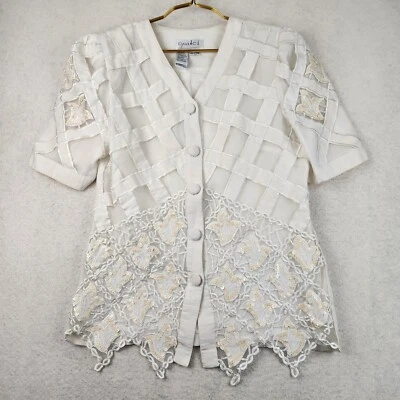 VTG 80s Davinci Womens Size 12 White Sheer Embroidered Open Work Detail Blouse - Image 1 of 4