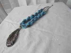 Faux turquois bead necklace with silver accents and feather pendent 21" - Picture 1 of 8