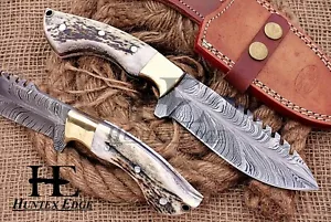 HUNTEX Custom Handmade New Feather Pattern Damascus 255mm Long Deer Antler Knife - Picture 1 of 8