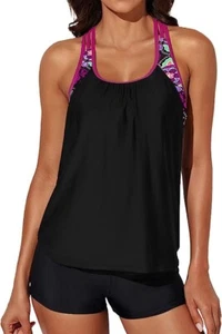  Womens Blouson Striped Printed Push up Strappy T-Back Tankini Top with Shorts  - Picture 1 of 6