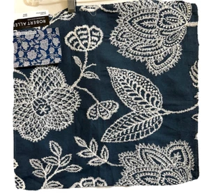 Robert Allen Embroidered Floral Fabric Sample Linen Cotton 17.5" SQ. Navy White - Picture 1 of 9