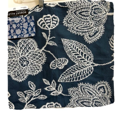 Robert Allen Embroidered Floral Fabric Sample Linen Cotton 17.5" SQ. Navy White - Image 1 of 4