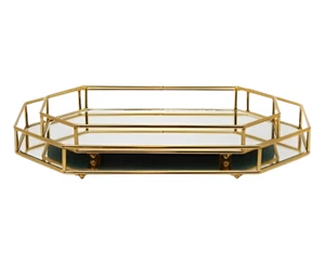 2Pc Wire Gold With Mirrored Octagonal Candle Frame Tray Storage Organizer Holder - Picture 1 of 5