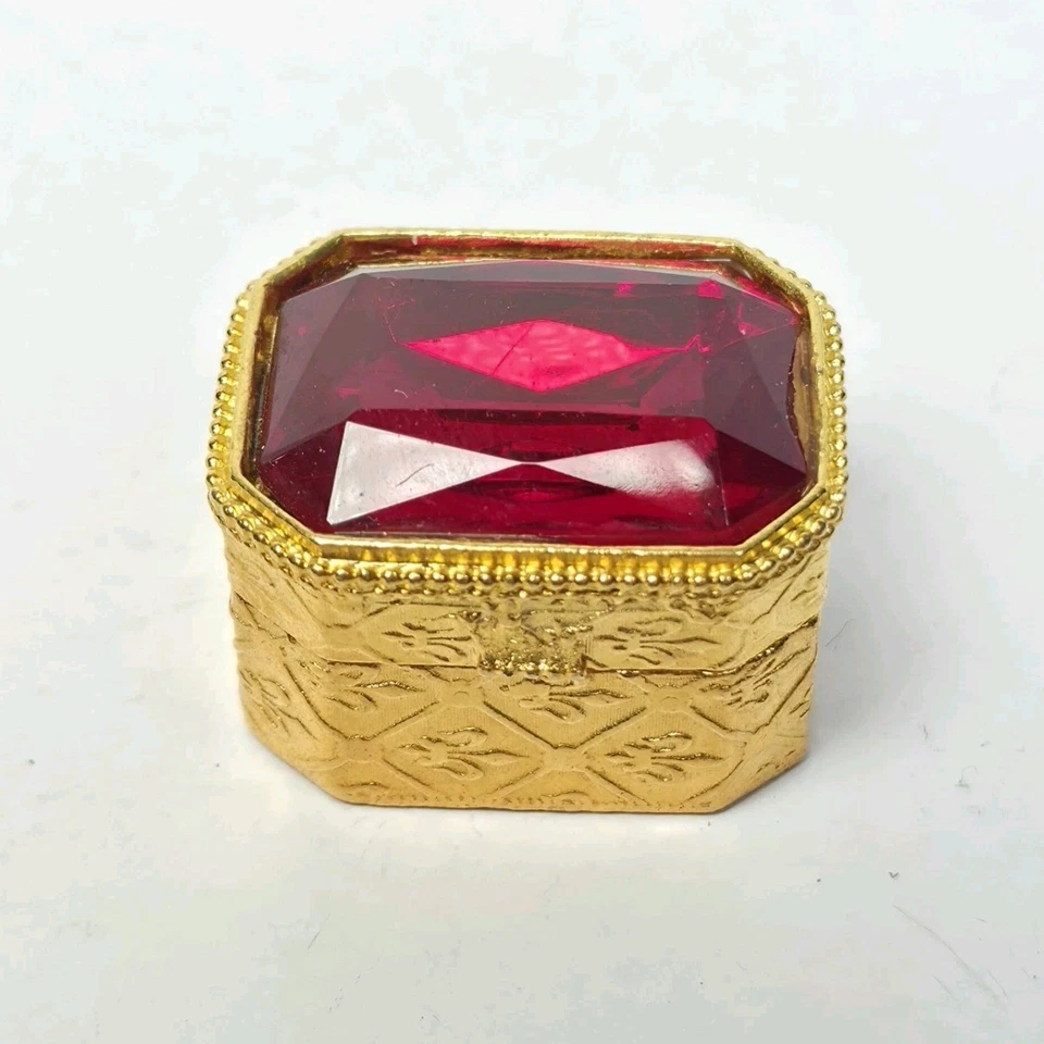 FLORENZA JEWEL PILL BOX CASE STASH TRINKET GOLD Red RHINESTONE MCM Gift Idea - Image 1 of 4