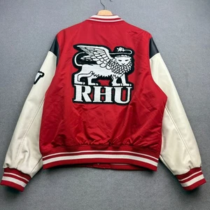 ZARA RHUIGI Jacket Men Large Varsity Red Embroidered Snap Front Bomber AOP Patch - Picture 1 of 18