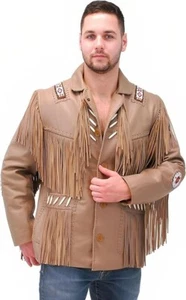 Men Western Cowboy Suede Fringe Jacket Beaded Native American Leather Jacket - Picture 1 of 3