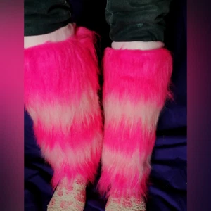 Pink & Pastel Pink Striped Leg Warmers Fluffy Faux Fur Furry Boot Cover Winter - Picture 1 of 8