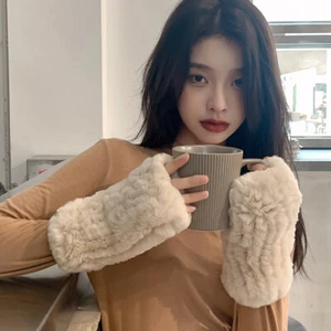 2022 Women Knitted Real Rex Rabbit Fur Gloves Warm Wrist Mittens Winter Outdoor - Picture 1 of 23