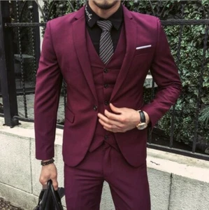 Men's 3PCS Suit Blazer Jacket Vest Pants Business Plain Slim Fit Formal Dress L - Picture 1 of 18