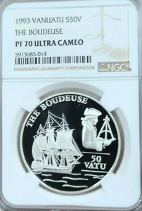 1993 VANUATU SILVER 50 VATU S50V THE BOUDEUSE NGC PF 70 ULTRA CAMEO PERFECTION - Picture 1 of 4