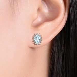 RYLOS AQUAMARINE & DIAMOND BIRTHSTONE GEMSTONE EARRINGS WHITE GOLD - Picture 1 of 5
