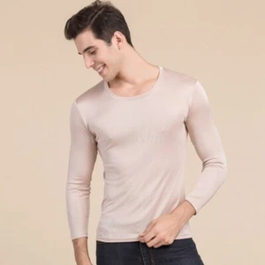 Men Silk Thermal Shirt Layer Long Sleeve Round Neck Baselayer Lightweight Top - Picture 1 of 17