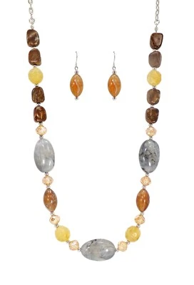 棕色珠饰项链和耳环套装,混合米色,多色 全新 — 第 1/4 张图片