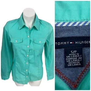 Tommy Hilfiger Shirt Womens Small Green Button Up Coastal Work Office Basic - Picture 1 of 16