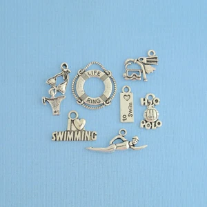 Swimming Charm Collection Antique Silver Tone 7 Different Charms - COL259 - Picture 1 of 2
