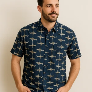 PURITAN Button Shirt Mens XL 52x30 Blue Fish Print Cotton Short Sleeve - Picture 1 of 11
