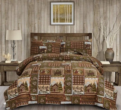 Moose Bear Quilt Set King Size Rustic Cabin Bedding Set Plaid Reversible Quil... - Image 1 of 4