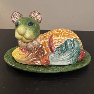 "Plato de mantequilla con tapa vegetal mayólica gato de colección Italia Nordstrom cerámica de 8""" - Imagen 1 de 17