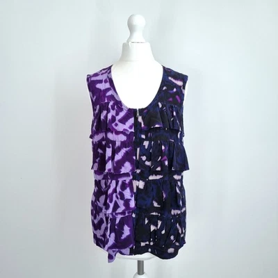 Kenneth Cole 100% Silk Top Small Tie-Dye Print Ruffles Sleeveless Zip Up Purple - Image 1 of 4