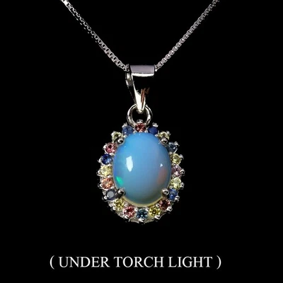 925 Sterling Silver Necklace Oval Fire Opal 9x7mm Sapphire Gemstone Jewelry 18in - Image 1 of 4