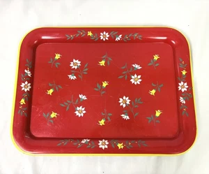 Vintage MCM Red Floral Daisies 17.5" Metal Tray - Picture 1 of 8