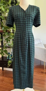 Gr. L 10 Vintage grün kariert schwarz Uhr marine kariert Knopf Kleid Maxi Midi Tartan - Bild 1 von 9