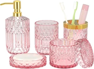 Neu Rosa Bad Accessoires Set - 5 Stück Glas Dekor mit Seife - Bild 1 von 8