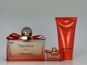 Ferragamo Signorina Unica Eau de PARFUM 3.4 oz Body Lotion Travel Spray 3-pc Set - Picture 1 of 8