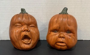 Vintage 2er Set handbemalte Keramik Baby Gesicht Kürbisköpfe 5,5 Zoll - Bild 1 von 5