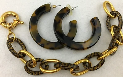 Juego de 2 piezas de joyería pulsera y pendientes tono dorado cadena eslabón resina tortuga Foto 1 de 4