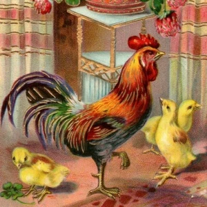 c.1910 Happy Easter Postcard Gold Foil One Leg Rooster Chicks Shamrocks Clover - Picture 1 of 3