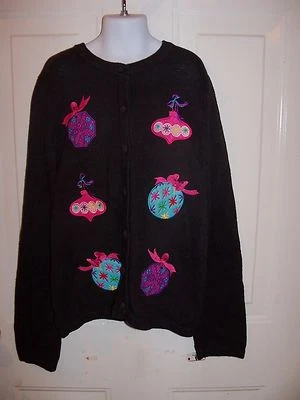 J. KHAKI BLACK CHRISTMAS ORNAMENTS BUTTON DOWN CARDIGAN GIRL'S EUC - Image 1 of 3