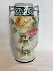 Antique Nippon Hand Painted  Porcelain Double Handle Floral Vase 7 3/4” Tall