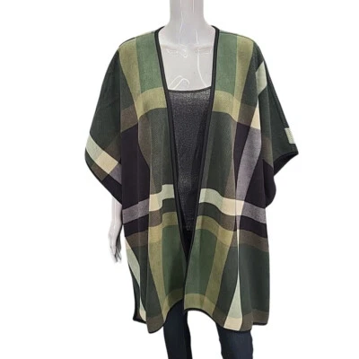 Denim Co Trendy Plaid Printed Reversible Open Front Fleece Poncho XL 1X Sz Top - Image 1 of 4