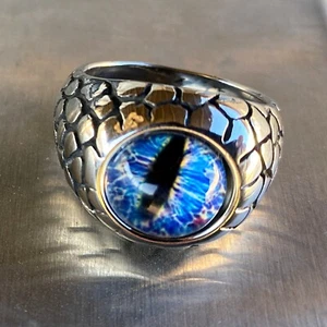 Mens Blue Reptile Eye Ring Snake Dinosaur Dragon Cat Lizard Stainless Steel 7-13 - Picture 1 of 12