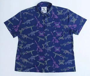 Savage Tacticians Button Shirt Purple Neon Skull Guns Hawaiian Stretch Men 3XL - Picture 1 of 5