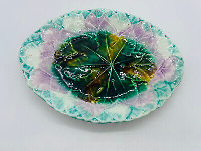 Antique Etruscan Majolica Leaf  Shallow Bowl Dish Plate Pink Green Brown • 74.99€