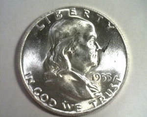 1955 CLASHED DIE REVERSE FRANKLIN HALF NICE UNCIRCULATED NICE UNC. ORIGINAL COIN - Picture 1 of 4