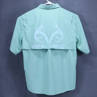 RealTree Men's XL PFG Mint Green Button Down Short Sleeve Shirt LOGO SPELLOUT - Image 1 of 4