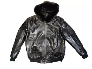 Handmade Black Crocodile Pattern Genuine Leather Fur Hoodie Bomber Jacket - Picture 1 of 4