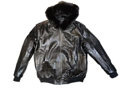 Handmade Black Crocodile Pattern Genuine Leather Fur Hoodie Bomber Jacket - Image 1 of 4