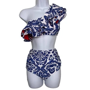 NWT Sporlike high waisted, flounce one shoulder Bikini, Blue & White Size Small - Picture 1 of 11