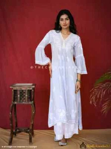 Lavender Mul Cotton Chikankari A-Line Kurti Lucknow Chikankari Handmade Kurta - Picture 1 of 7