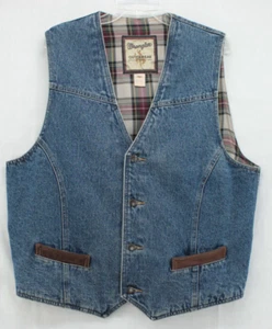 VTG Wrangler Outerwear Vest Men's XL Western Cowboy Denim Plaid Flannel Lined - Picture 1 of 11