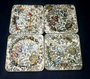 Set of 4 Vintage Floral Paper Mache Lacquerware Square Coasters - Made In Japan  - Picture 1 of 7
