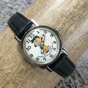 Vtg 1952 Peanuts Lucy Women Dress Black Leather Mechanical Wind 25mm Watch 7" - Picture 1 of 13