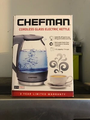 NUEVO EN CAJA CHEFMAN Hervidor Eléctrico Inalámbrico de Vidrio 1.7L Gris Acero Inoxidable 7 Tazas Foto 1 de 4