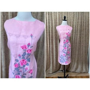 Vintage Hand Painted Rose Floral Chiffon Dress, Pink, 1960s Mod Sleeveless M - Picture 1 of 8